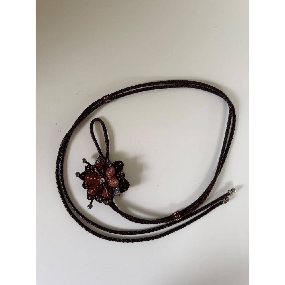 Vintage Brown Leather Flower Bolo Tie Western Braided Cord Silver Tone Tips